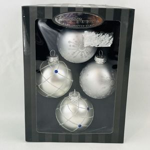 Celebrations by Radko Ball Christmas Ornament Set of 4 Silver Glitter Rhinestone
